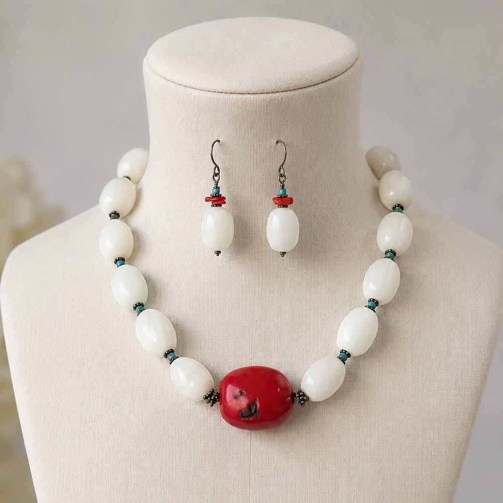 Barse White Agate Red Coral Turquoise Beaded Necklace 925 Sterling Earrings Set
